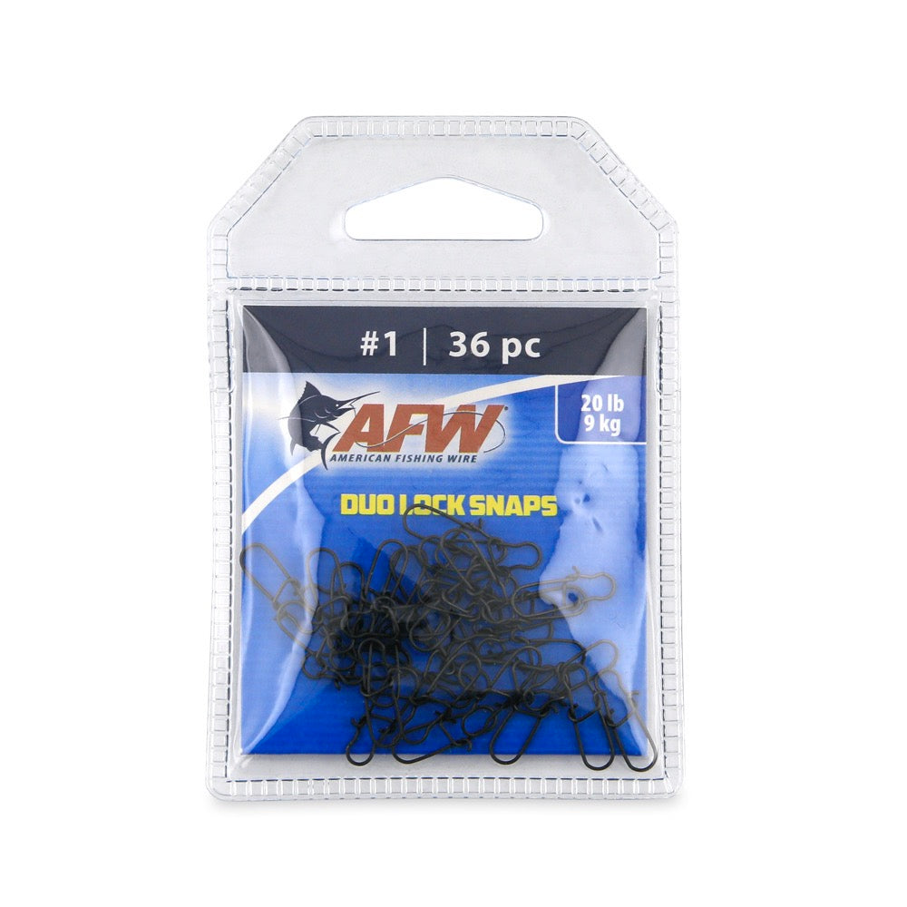 Package of American Fishing Wire Duo Lock Snaps with clear packaging on a white background