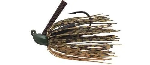 Fishing lure with a camouflaged skirt and green body on a white background