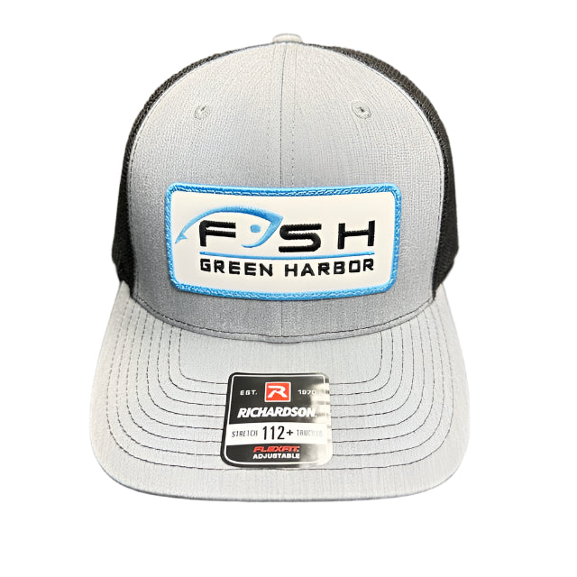 fish-and-tackle-green-harbor-patch-stretch-trucker-hat-gray-black