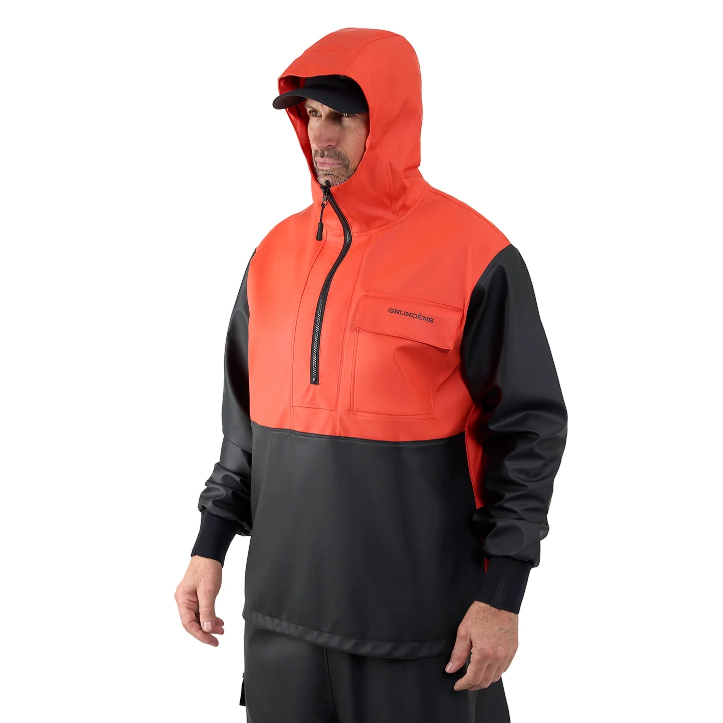 grundens-neptune-anorak-pullover-waterproof-hoodie-orange-model-side-hood