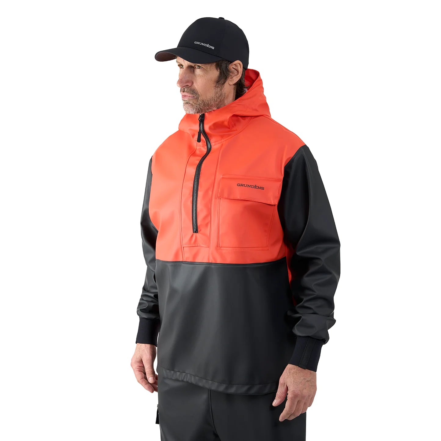 grundens-neptune-anorak-pullover-waterproof-hoodie-orange-model-side
