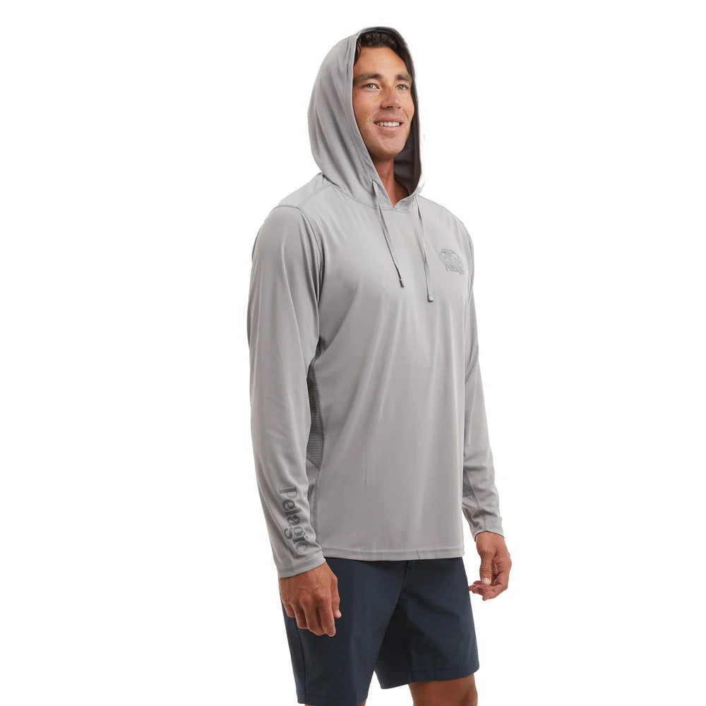 pelagic-vaportek-worldwide-wahoo-performance-hooded-fishing-shirt-grey-model-front-hood