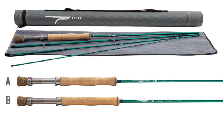 Fishing rod with two different handles on a gray TFO branded rod case.