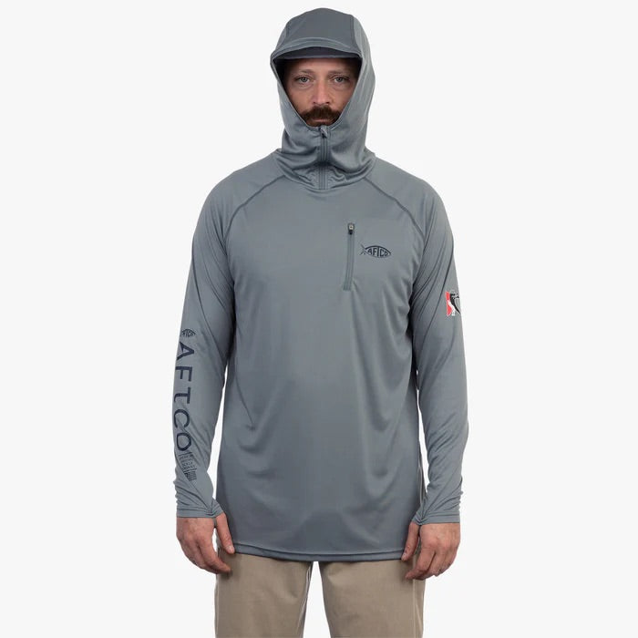 aftco-jason-christie-hooded-long-sleeve-performance-shirt-steel-front-model