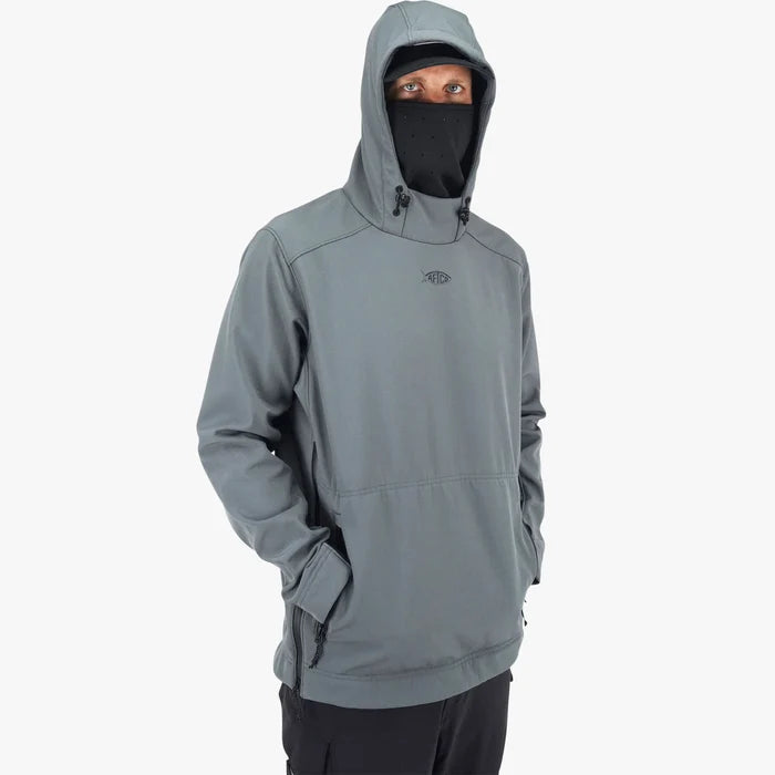 aftco-reaper-windproof-pullover-hoodie-charcoal-model-hood-mask