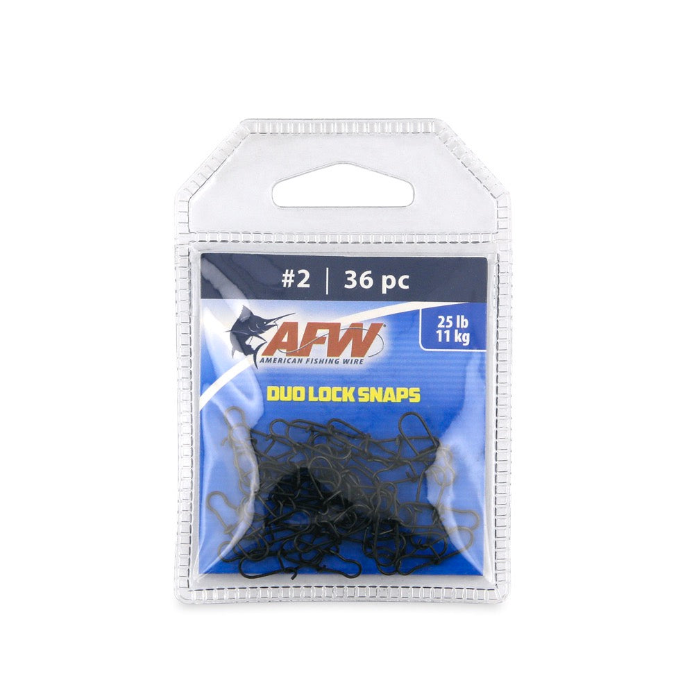 Package of American Fishing Wire Duo Lock Snaps with clear plastic cover on white background