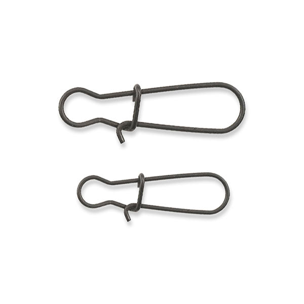 Two black metal duo lock fishing snaps on a white background
