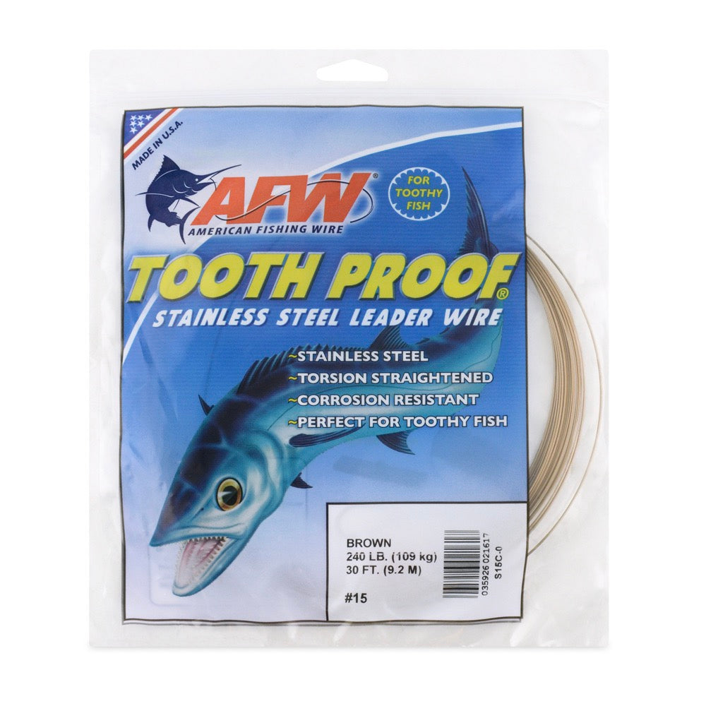 afw-tooth-proof-stainless-steel-single-strand-leader-wire-brown-15-240lb-30ft