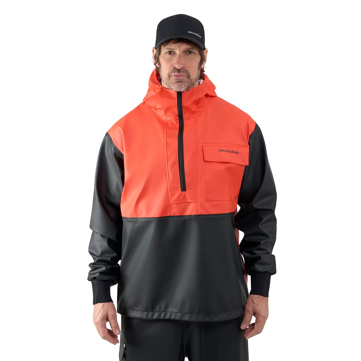 grundens-neptune-anorak-pullover-waterproof-hoodie-orange-model-front