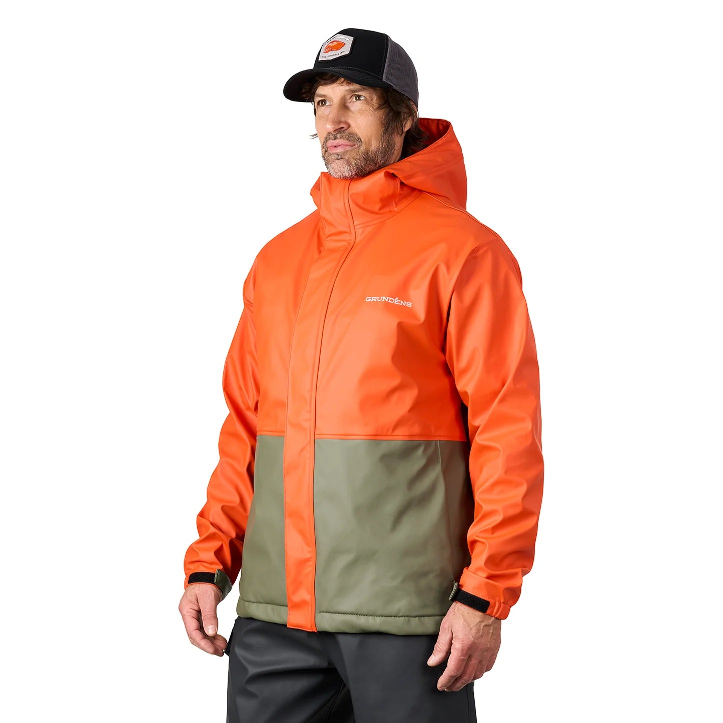 grundens-neptune-thermo-jacket-orange-olive-model-side