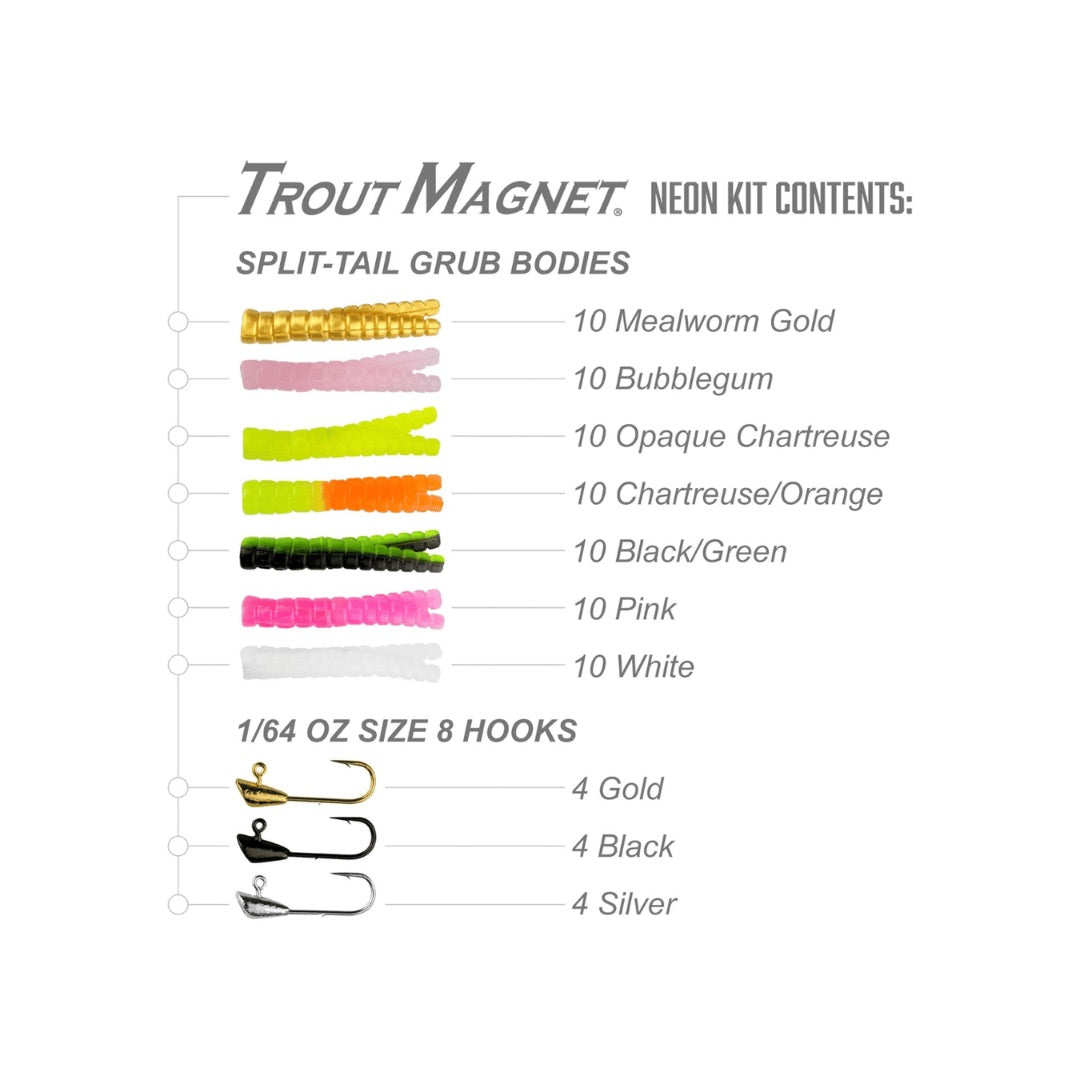lelands-trout-magnet-neon-kit-lure-contents